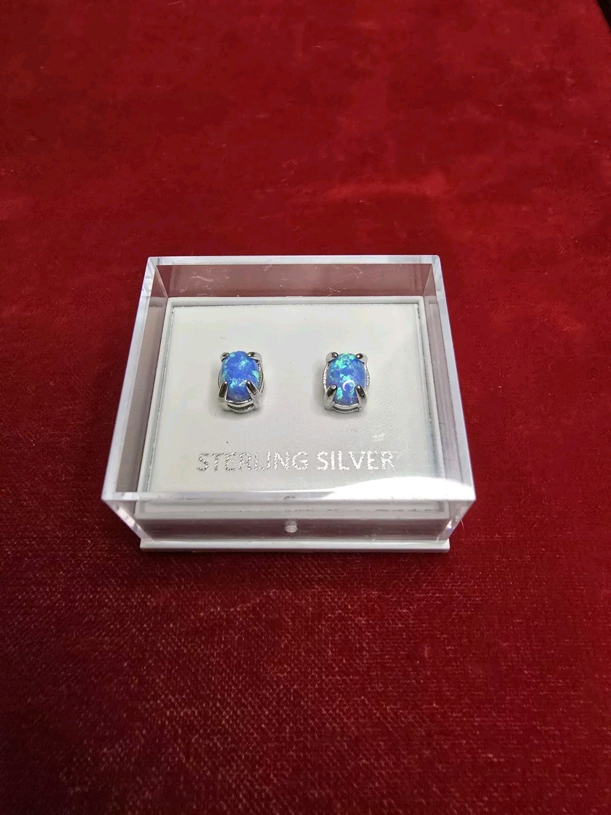 Beautiful Sterling Silver & Blue Opal Stud Earrings