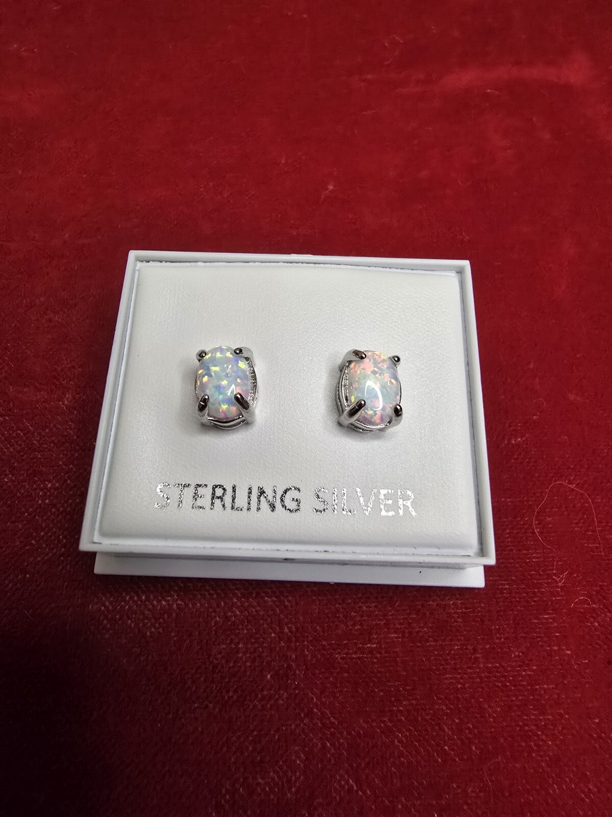 Beautiful Sterling Silver & White Opal Stud Earrings