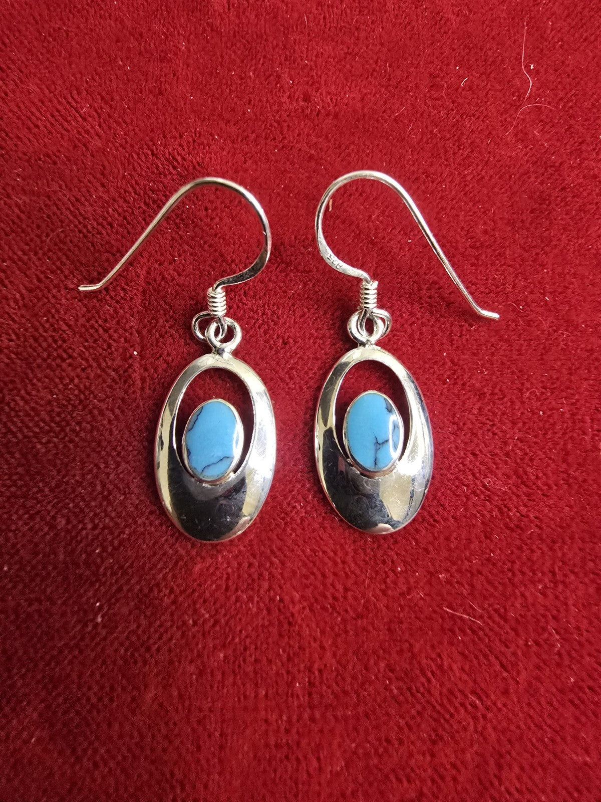 Beautiful Turquoise & Sterling Silver Oval Drop Earrings