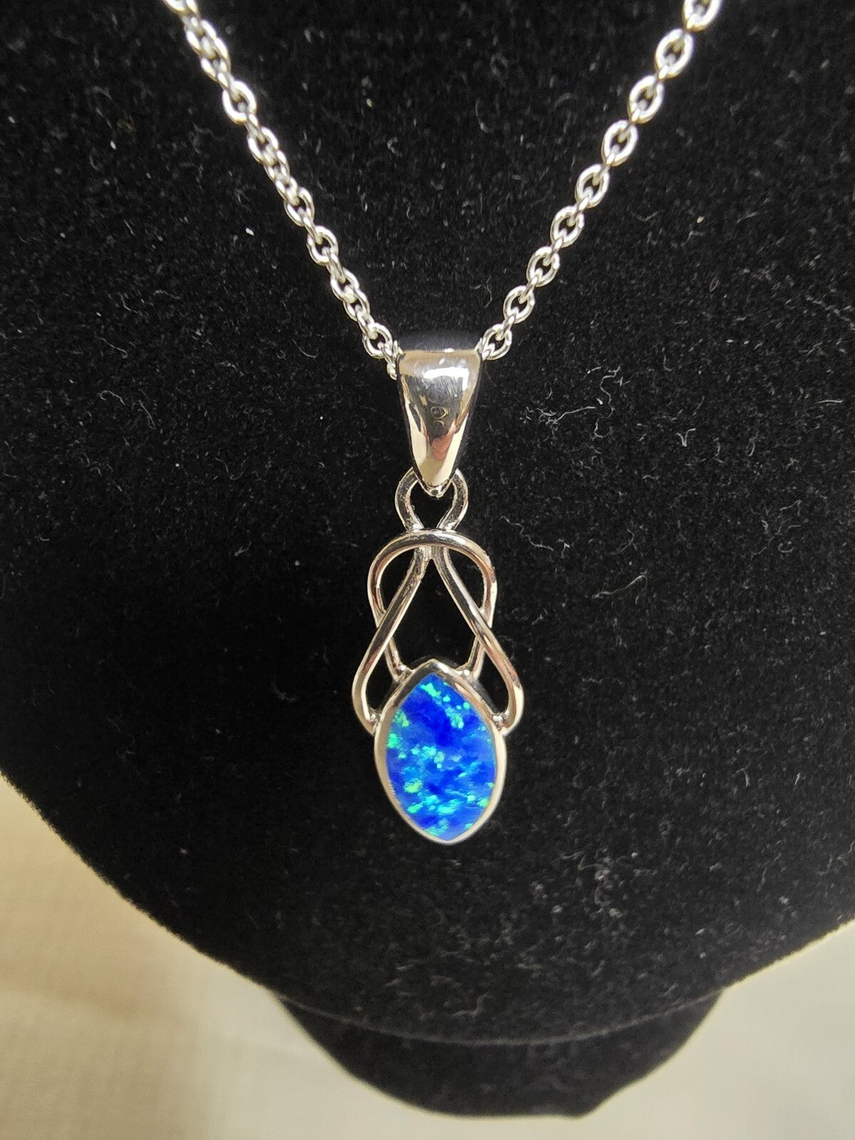 Beautiful Blue Opal & Sterling Silver Marquise Knot Necklace - 18 Inches