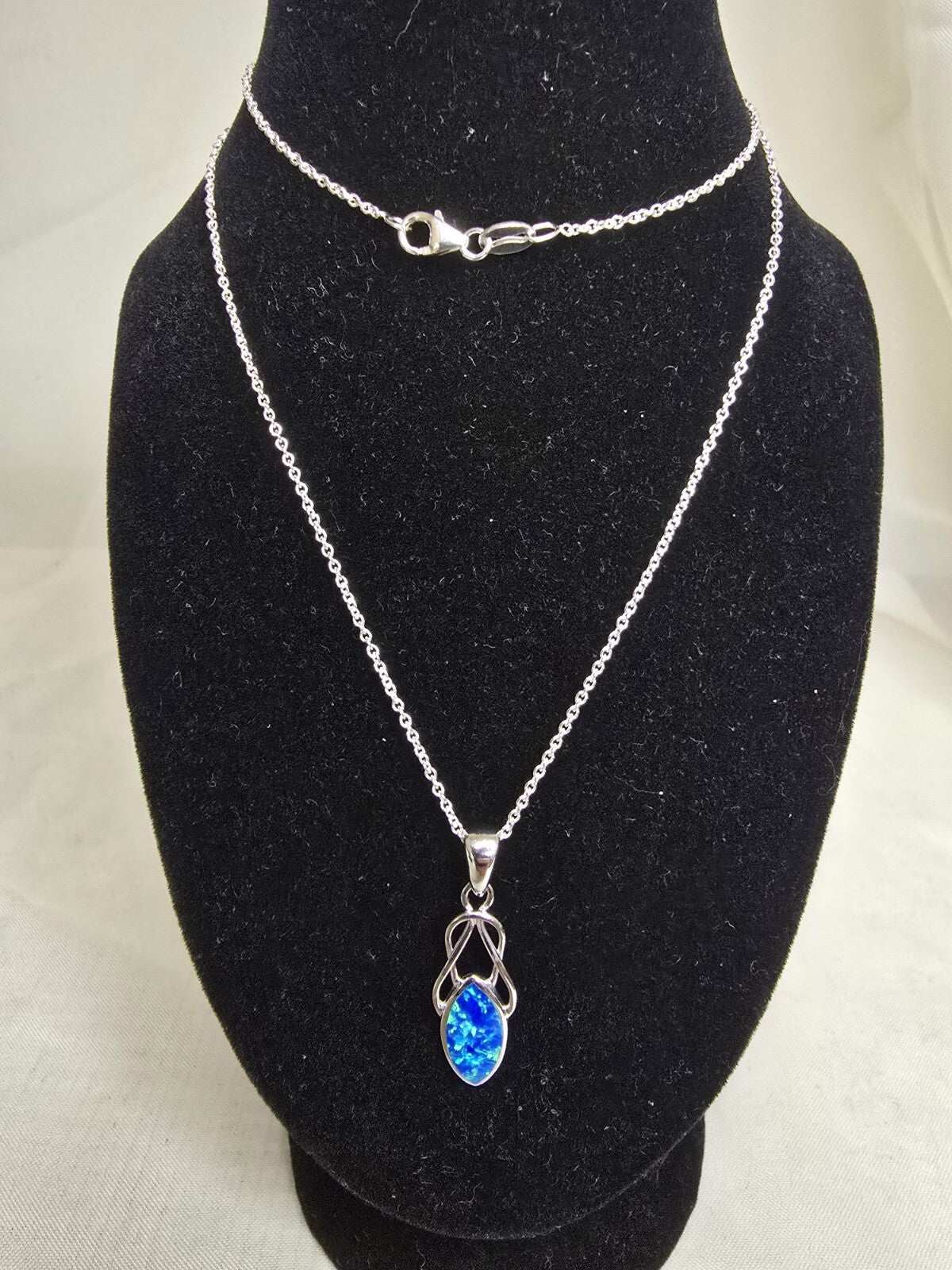 Beautiful Blue Opal & Sterling Silver Marquise Knot Necklace - 18 Inches