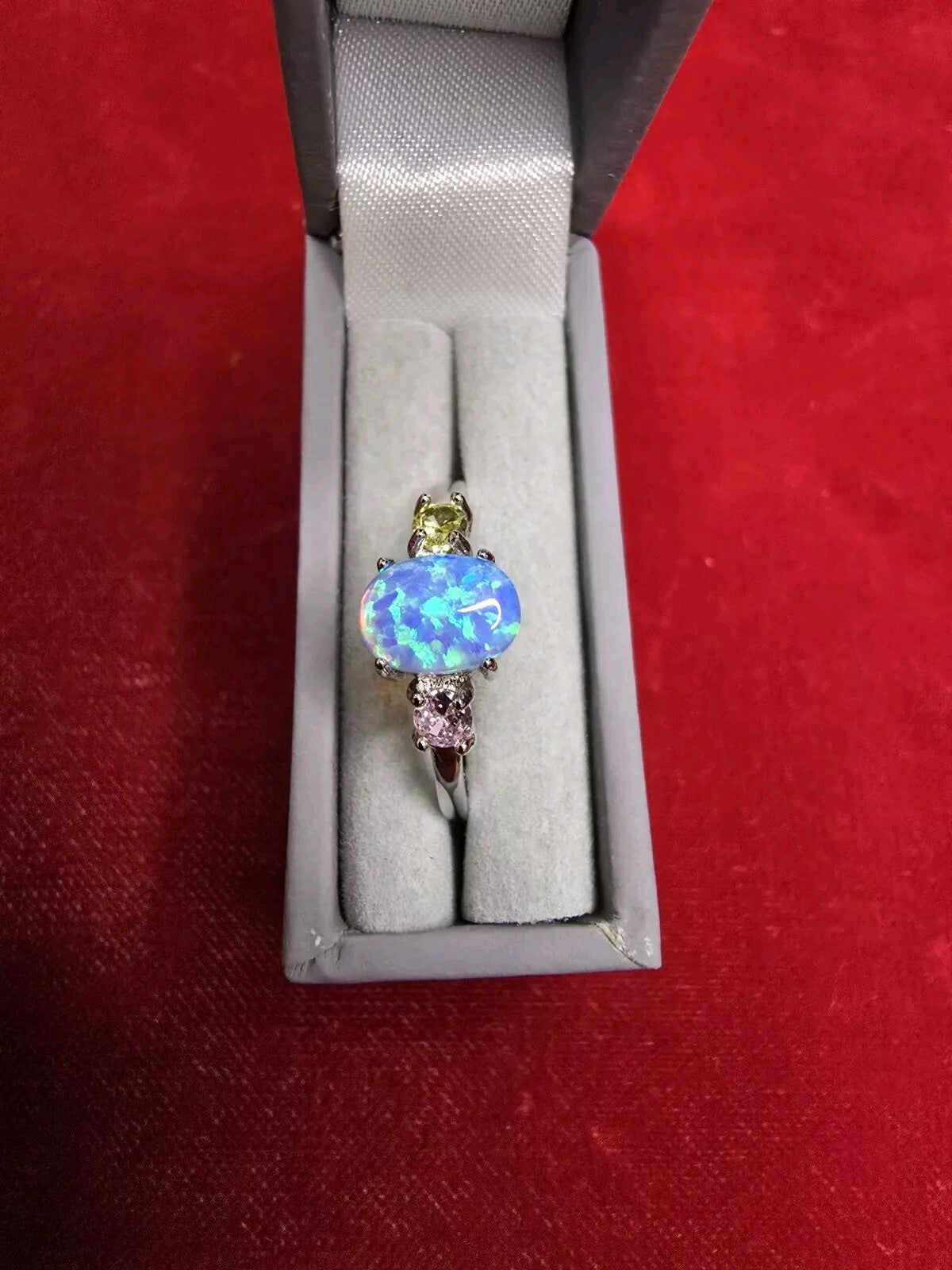 Beautiful Blue Opal 3 Stone Dress Ring - Various Sizes, Please Select