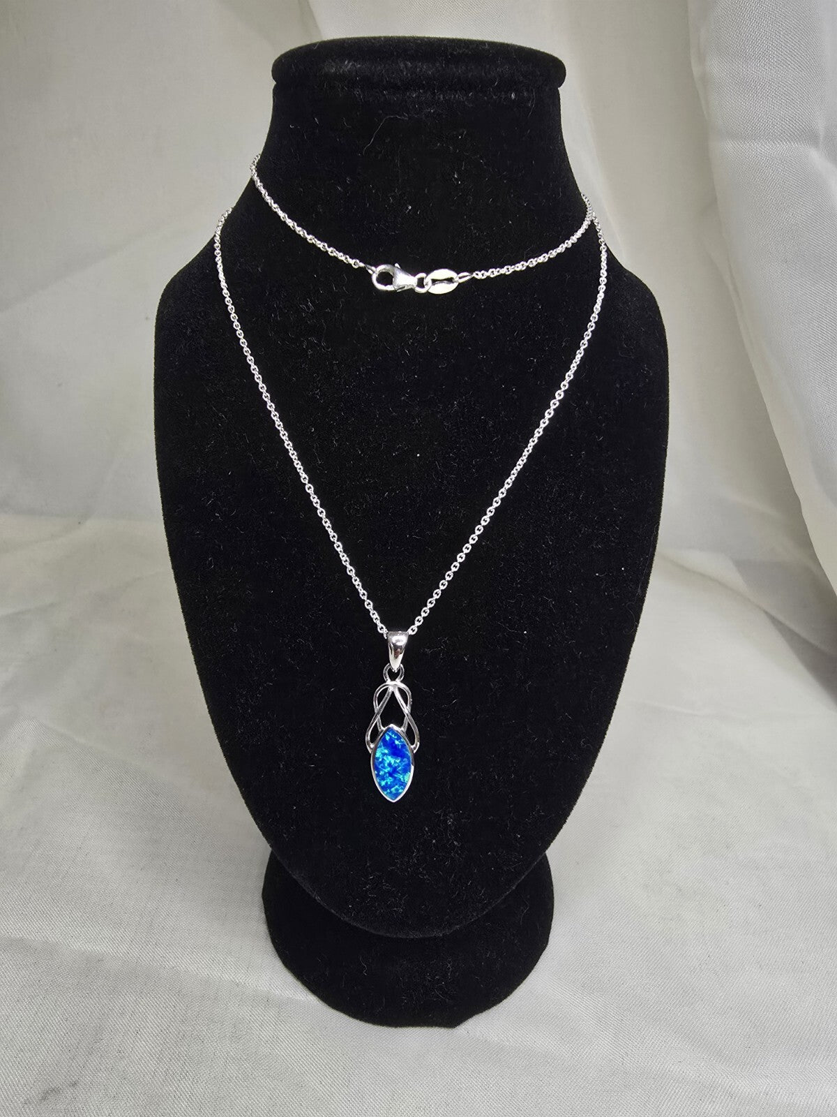 Beautiful Blue Opal & Sterling Silver Marquise Knot Necklace - 18 Inches