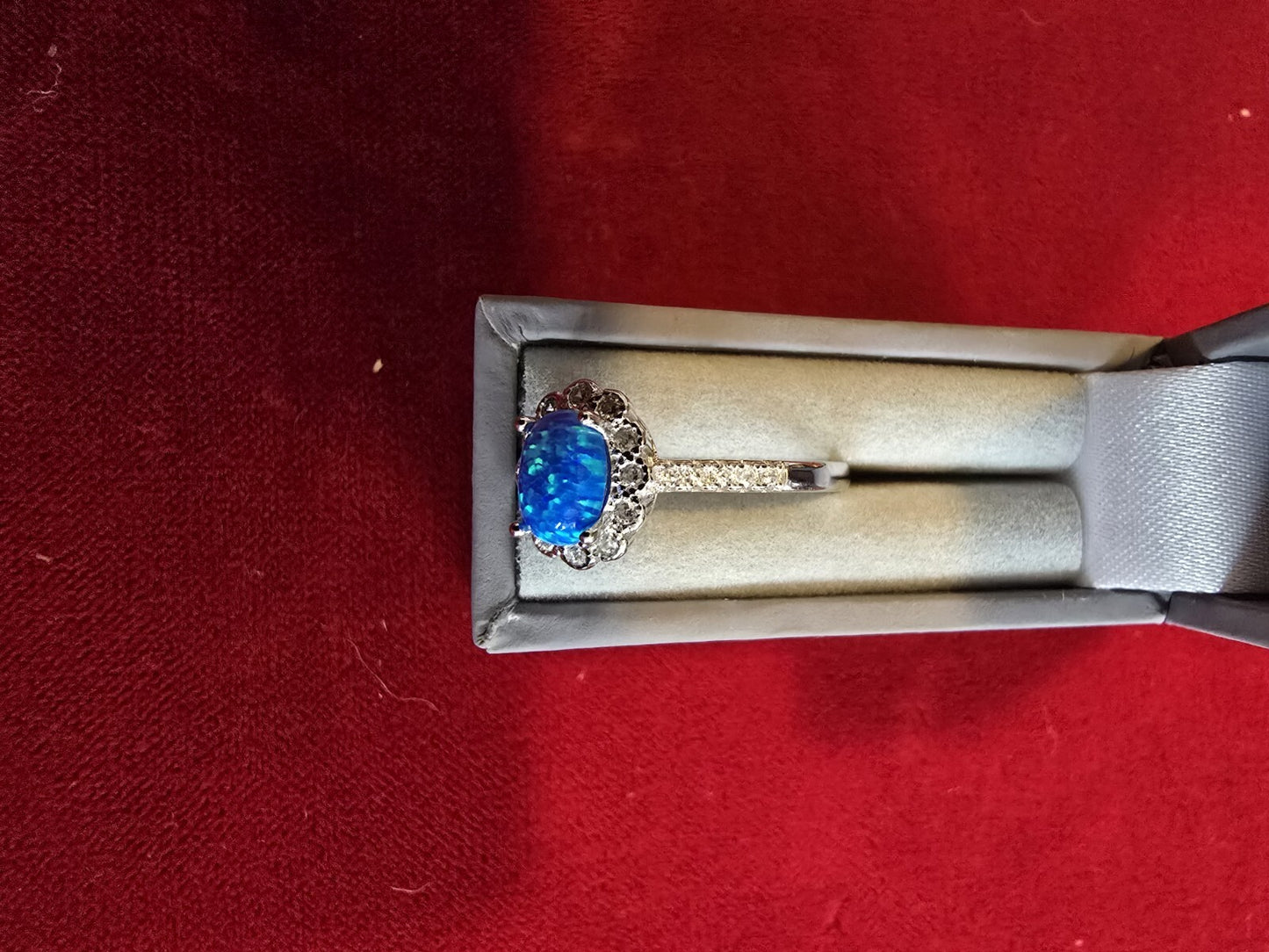 Stunning Blue Opal & Sterling Silver Halo Dress Ring - Various Sizes Available