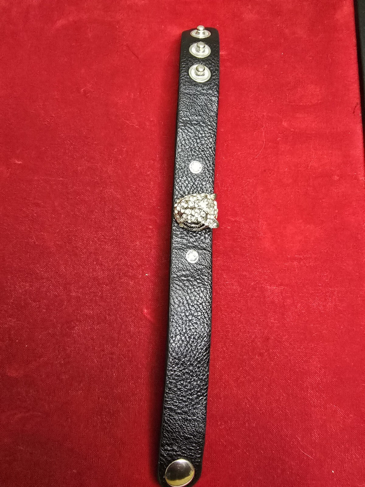 Diamanté Leopards Head Bracelet with Leather Strap - Adjustable