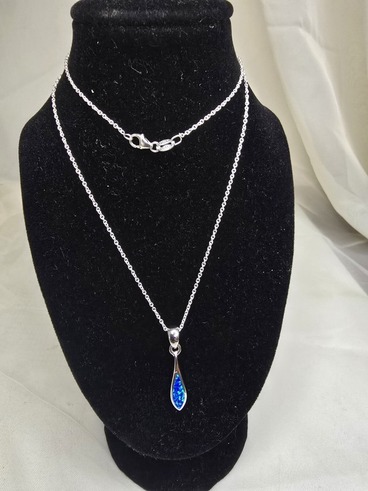 Gorgeous Blue Opal & Sterling Silver Droplet Necklace - 18 Inches