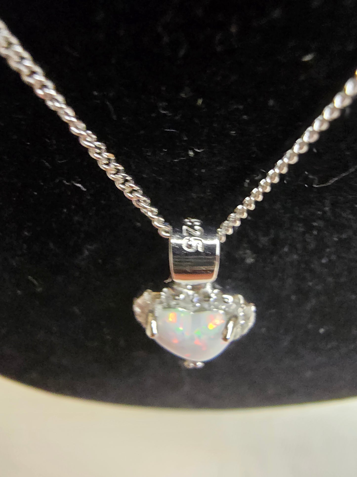 Beautiful Sterling Silver & White Opal Heart Necklace - 18 Inches