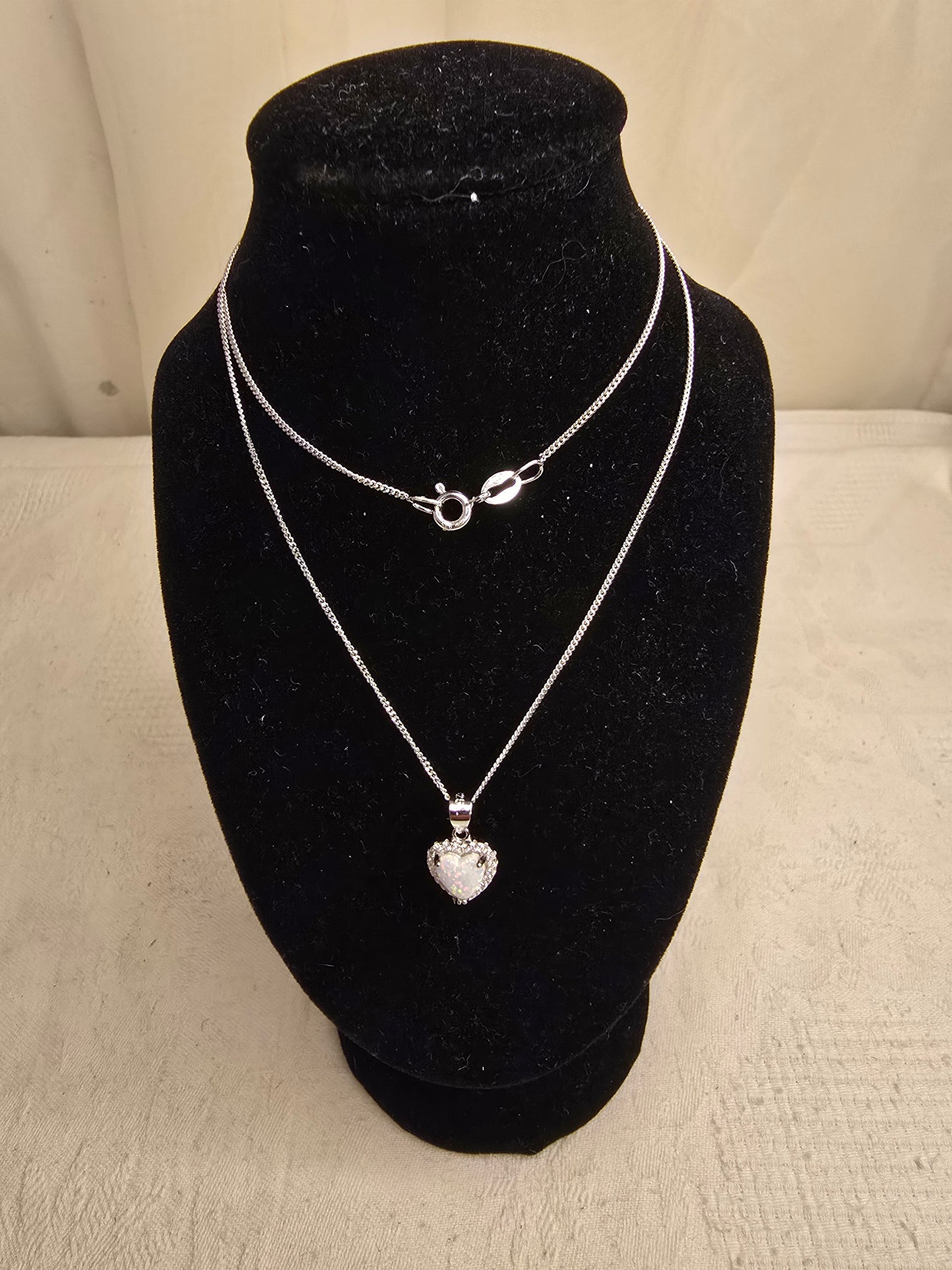 Beautiful Sterling Silver & White Opal Heart Necklace - 18 Inches
