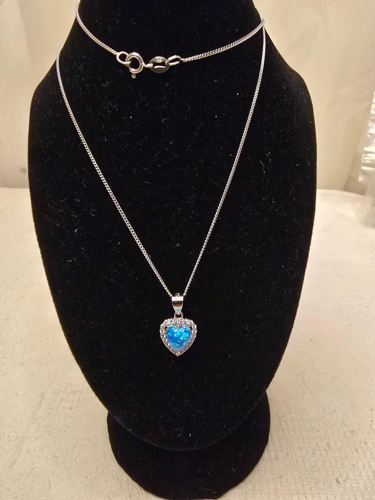 Stunning Sterling Silver & Blue Opal Heart Necklace - 18 Inches