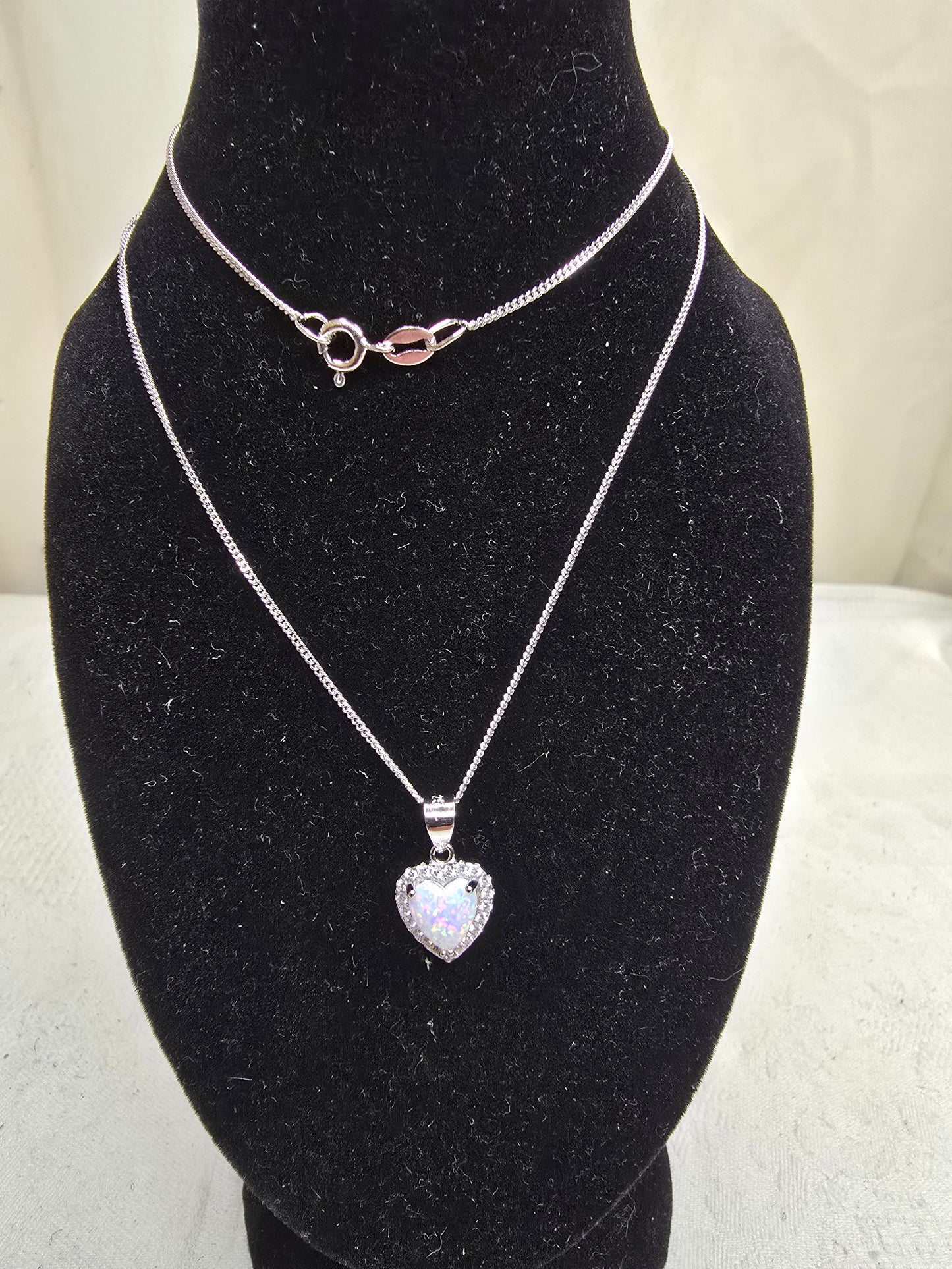 Beautiful Sterling Silver & White Opal Heart Necklace - 18 Inches