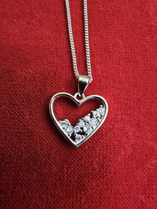 Gorgeous Sterling Silver & White Zircon Heart Necklace - 18 Inches