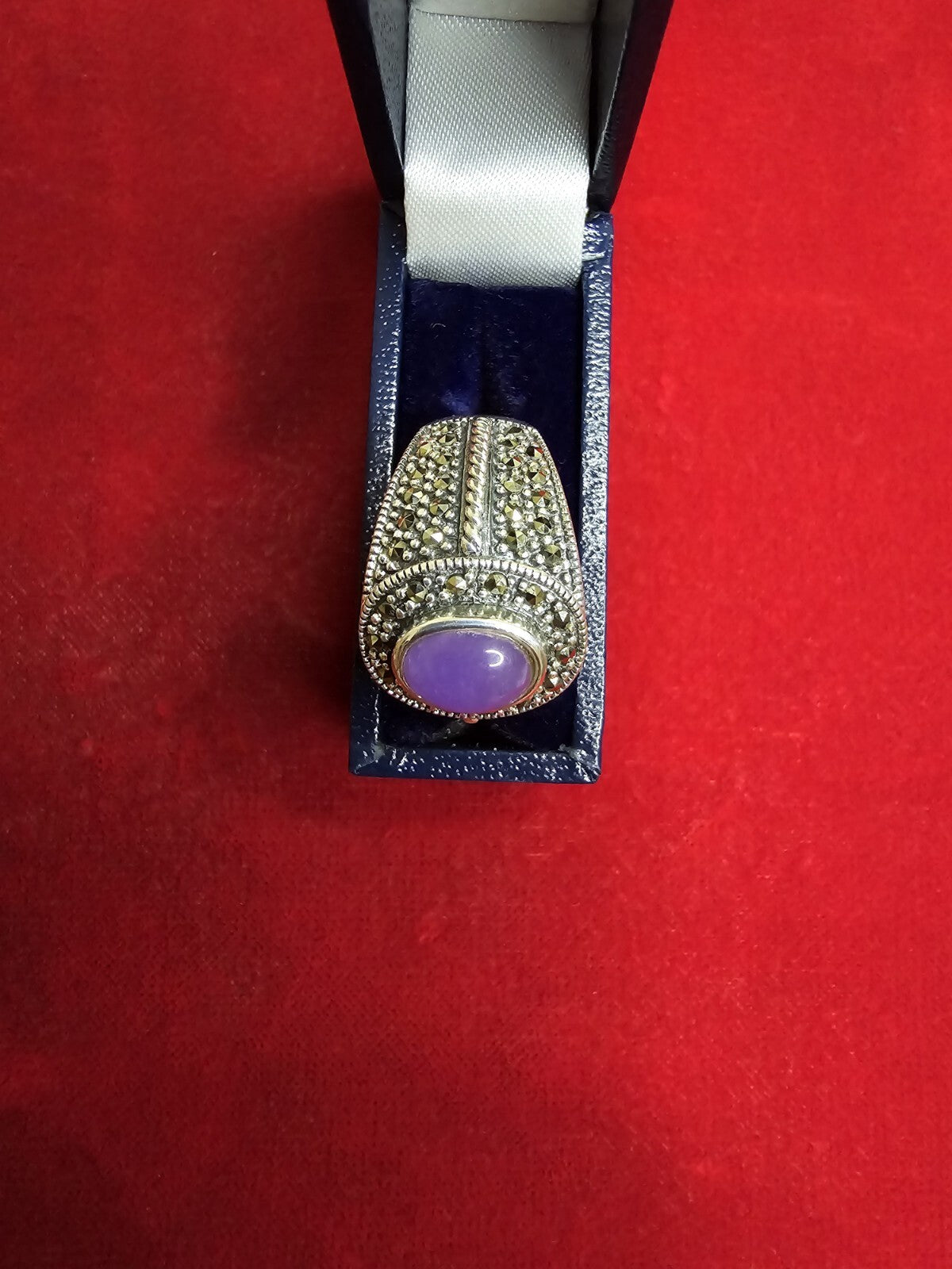 Sterling Silver, Jadeite & Marcasite Ring - Size P½