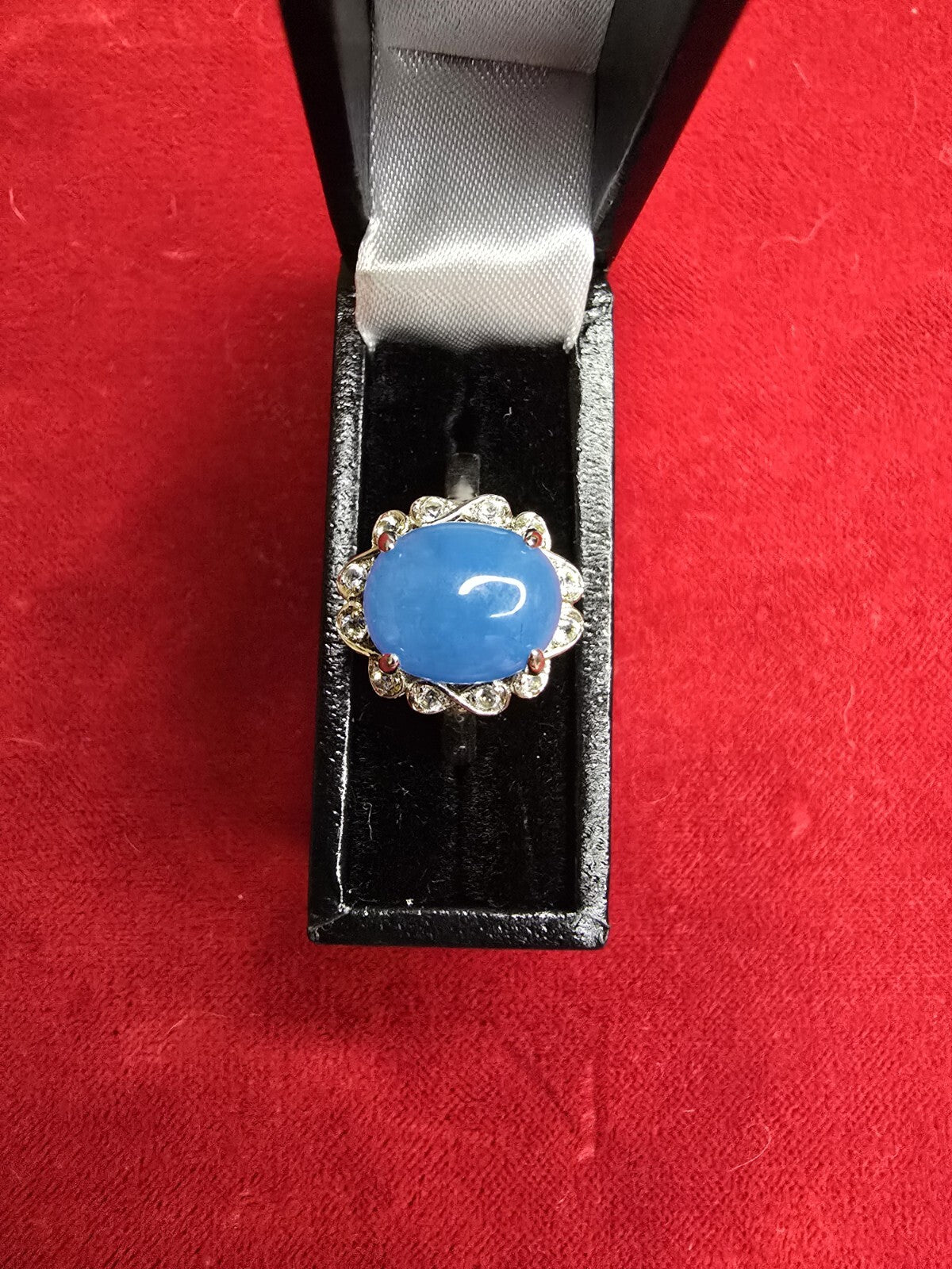 Gorgeous Sterling Silver & Blue Jadeite Halo Dress Ring - Size Q