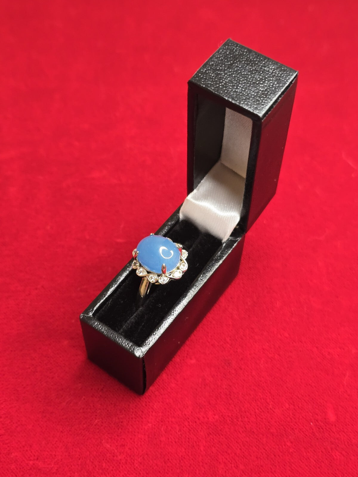 Gorgeous Sterling Silver & Blue Jadeite Halo Dress Ring - Size Q
