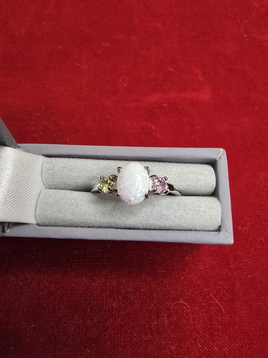 Beautiful Sterling Silver & White Opal 3 Stone Dress Ring - Various Sizes