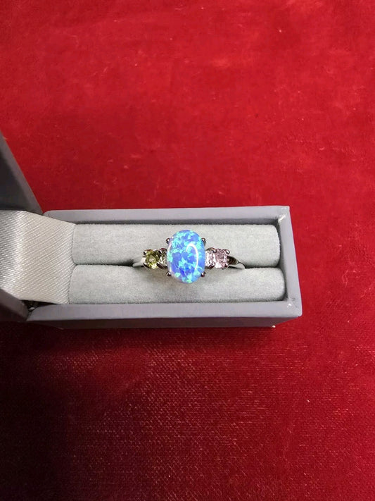 Beautiful Blue Opal 3 Stone Dress Ring - Various Sizes, Please Select