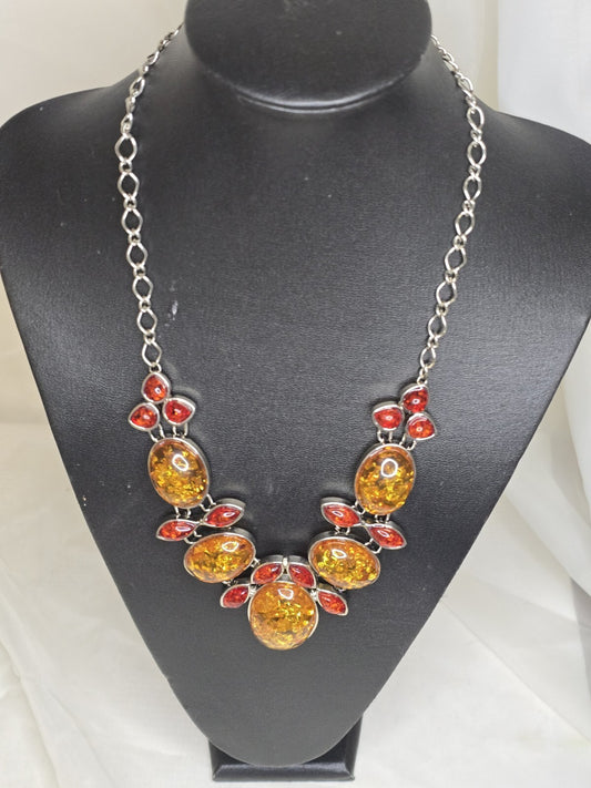 Fantastic Amber Necklace on White Metal Chain - 21 Inches