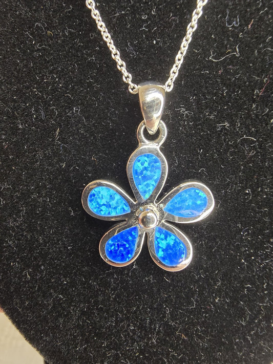Beautiful Sterling Silver & Blue Opal Flower Necklace - 18 Inches