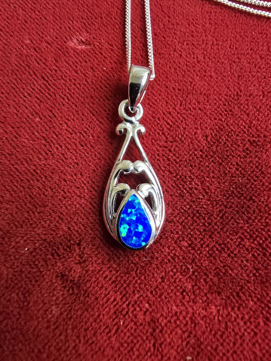 Sterling Silver & Blue Opal Necklace - 18 Inches