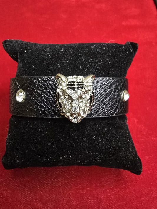 Diamanté Leopards Head Bracelet with Leather Strap - Adjustable