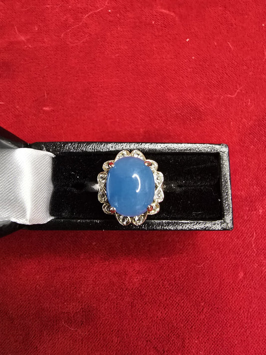 Gorgeous Sterling Silver & Blue Jadeite Halo Dress Ring - Size Q
