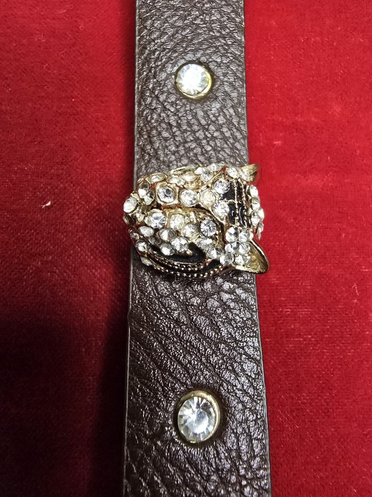 Diamanté Leopards Head Bracelet with Brown Leather Strap - Adjustable