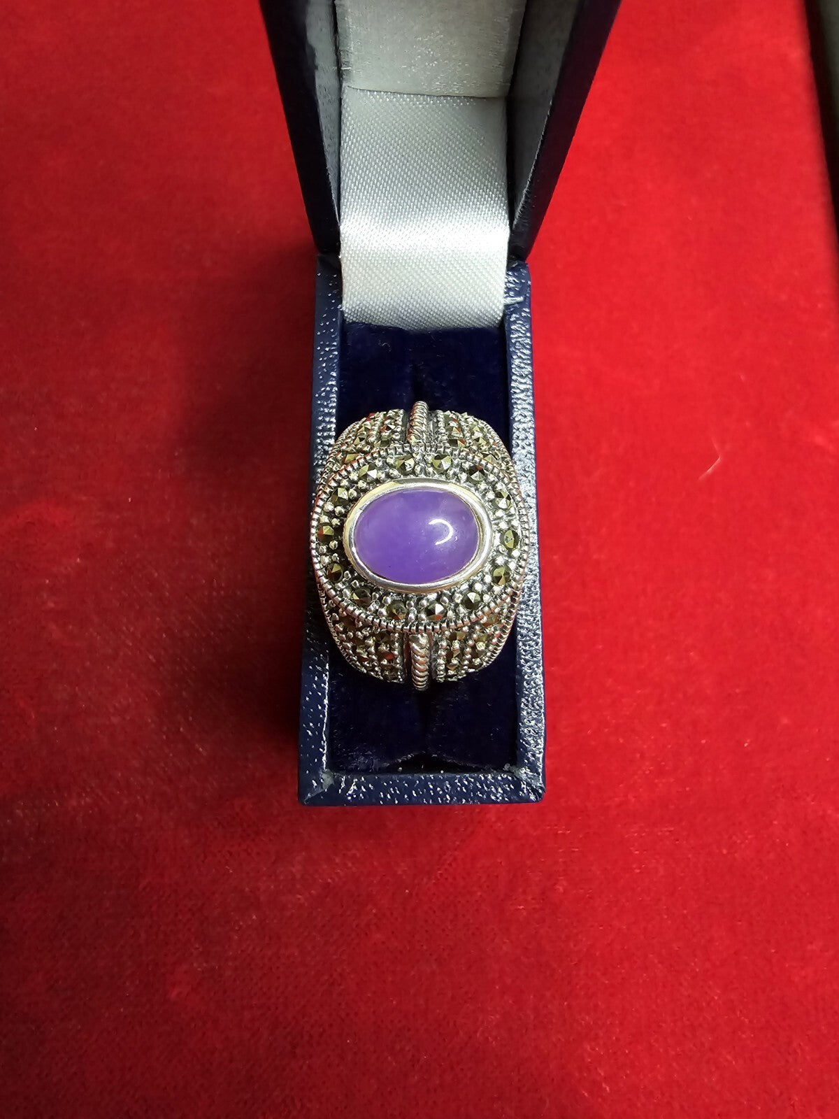 Sterling Silver, Jadeite & Marcasite Ring - Size P½