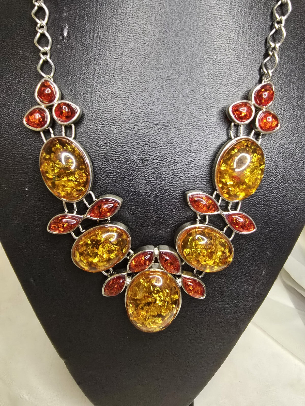 Fantastic Amber Necklace on White Metal Chain - 21 Inches