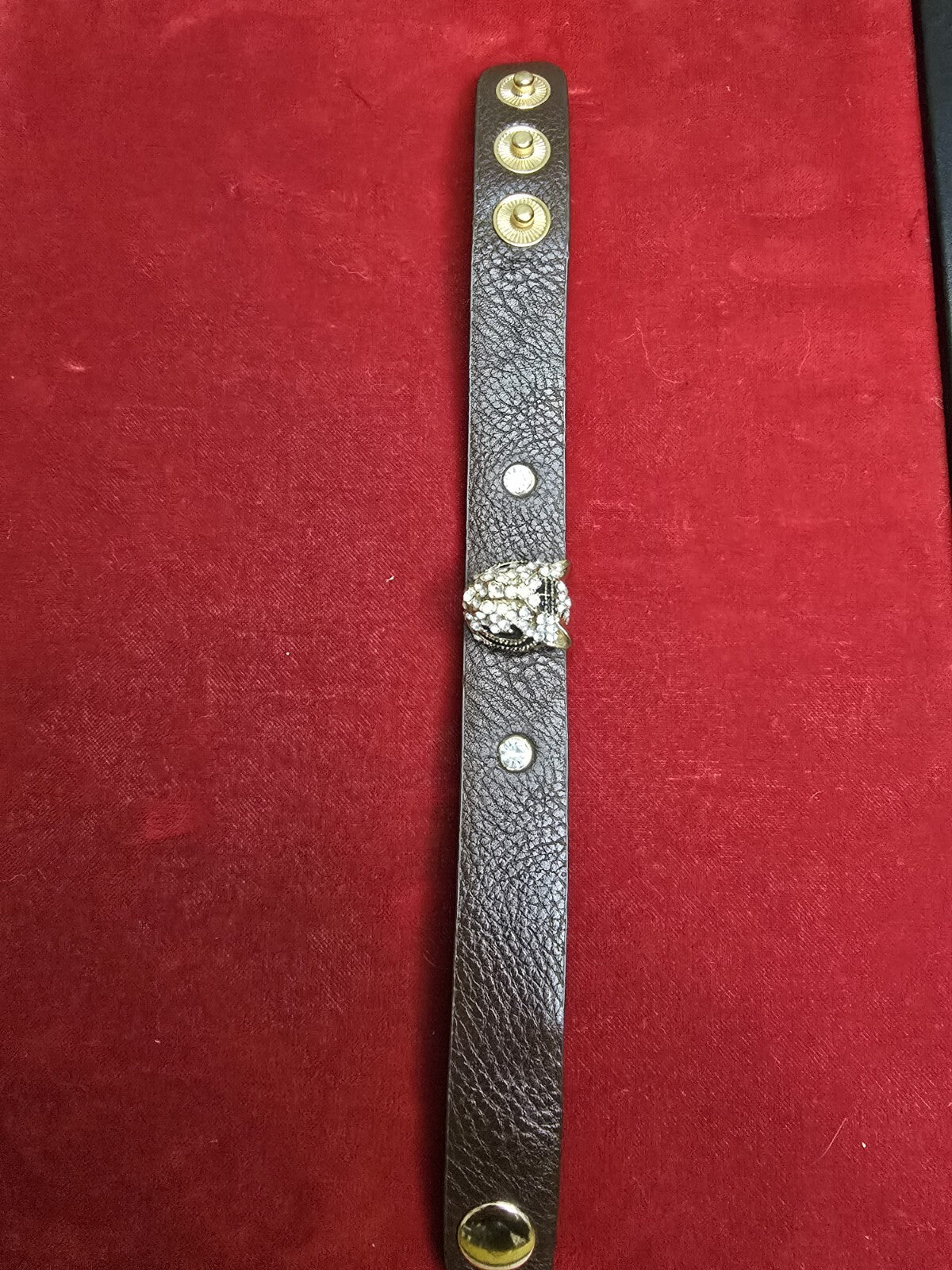 Diamanté Leopards Head Bracelet with Brown Leather Strap - Adjustable