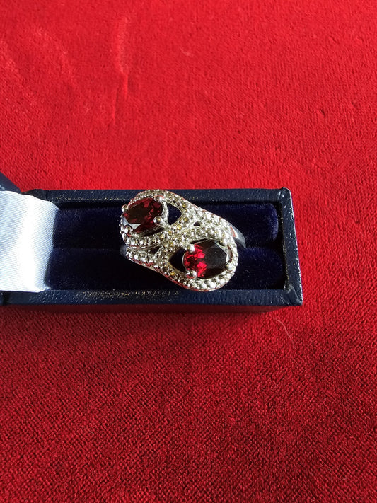 Beautiful Sterling Silver, Garnet & Diamond Moi et Toi Ring - Size N