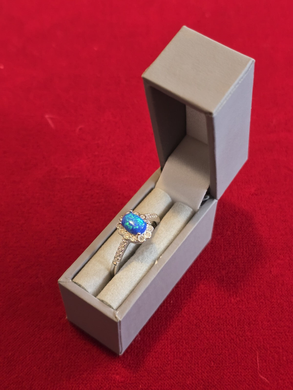 Stunning Blue Opal & Sterling Silver Halo Dress Ring - Various Sizes Available