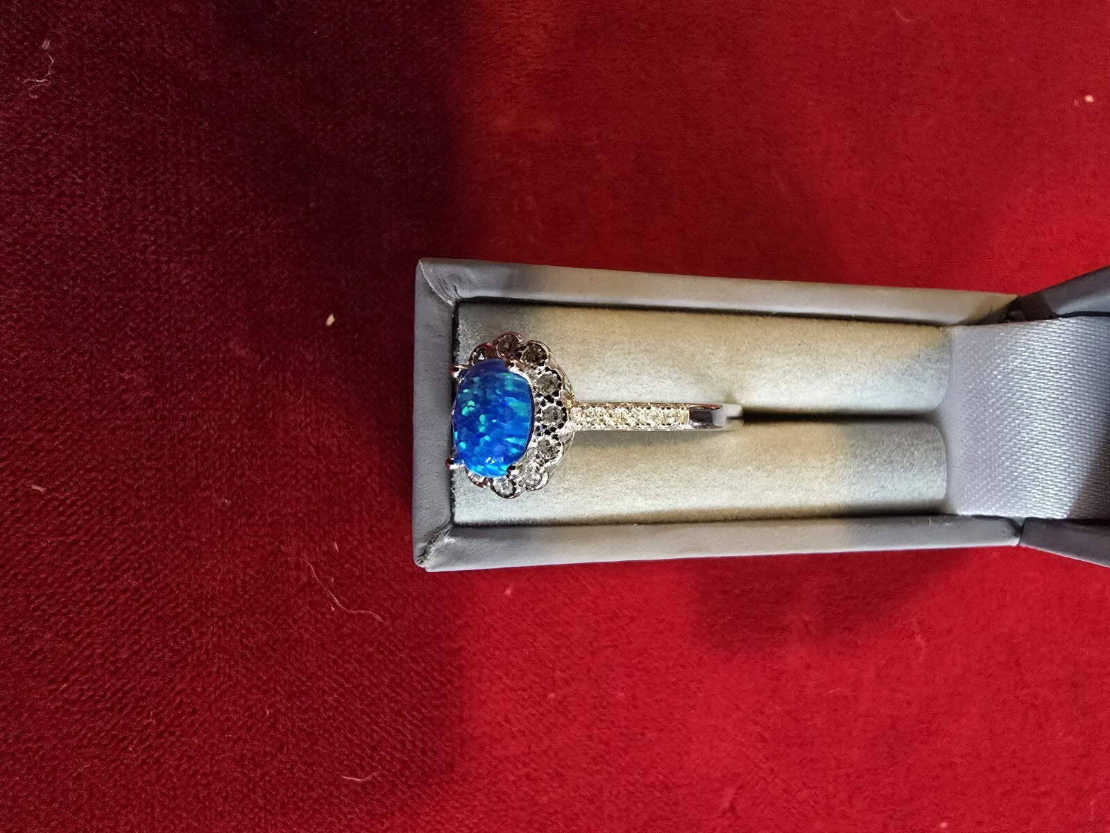 Stunning Blue Opal & Sterling Silver Halo Dress Ring - Various Sizes Available