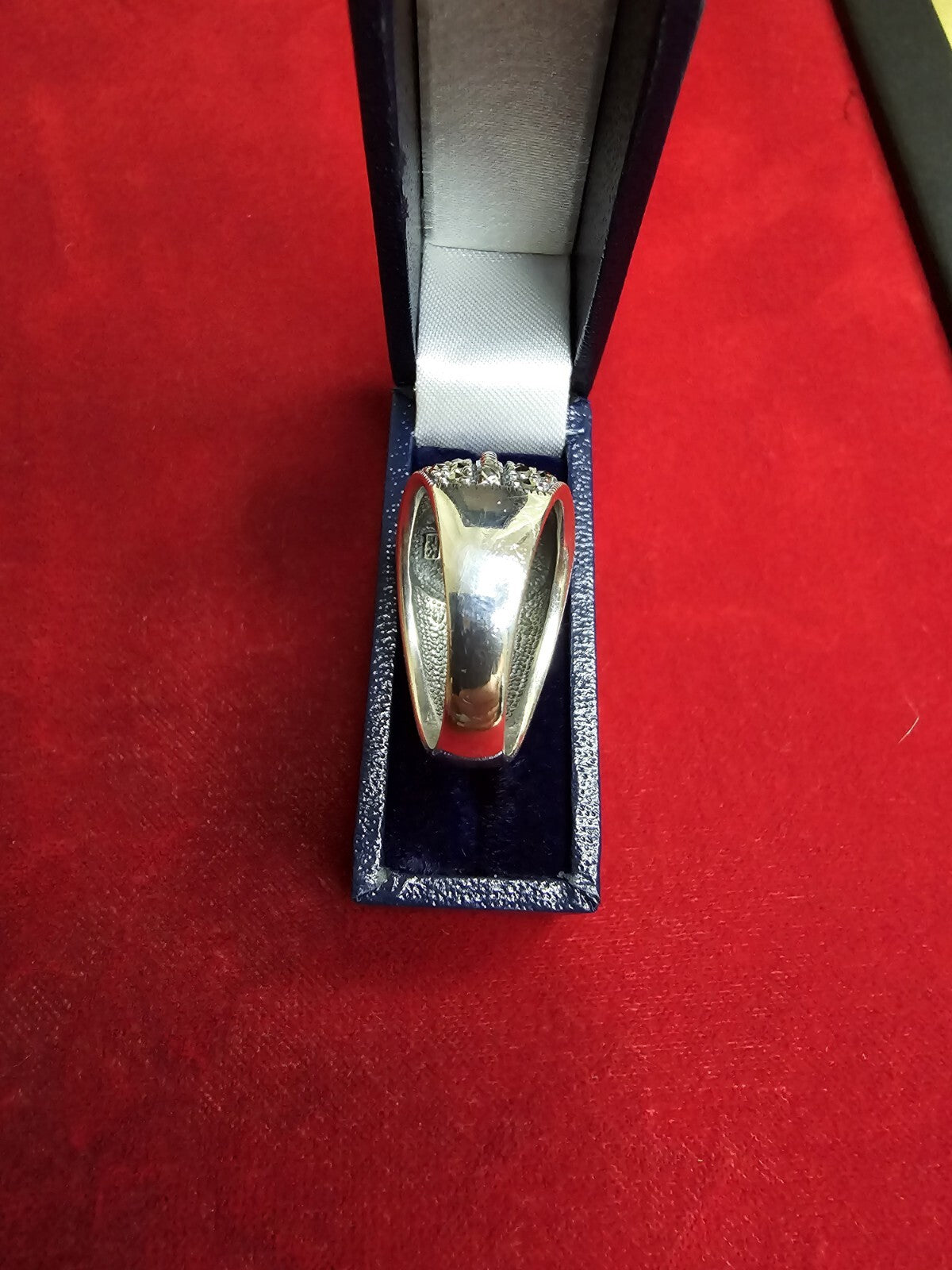 Sterling Silver, Jadeite & Marcasite Ring - Size P½