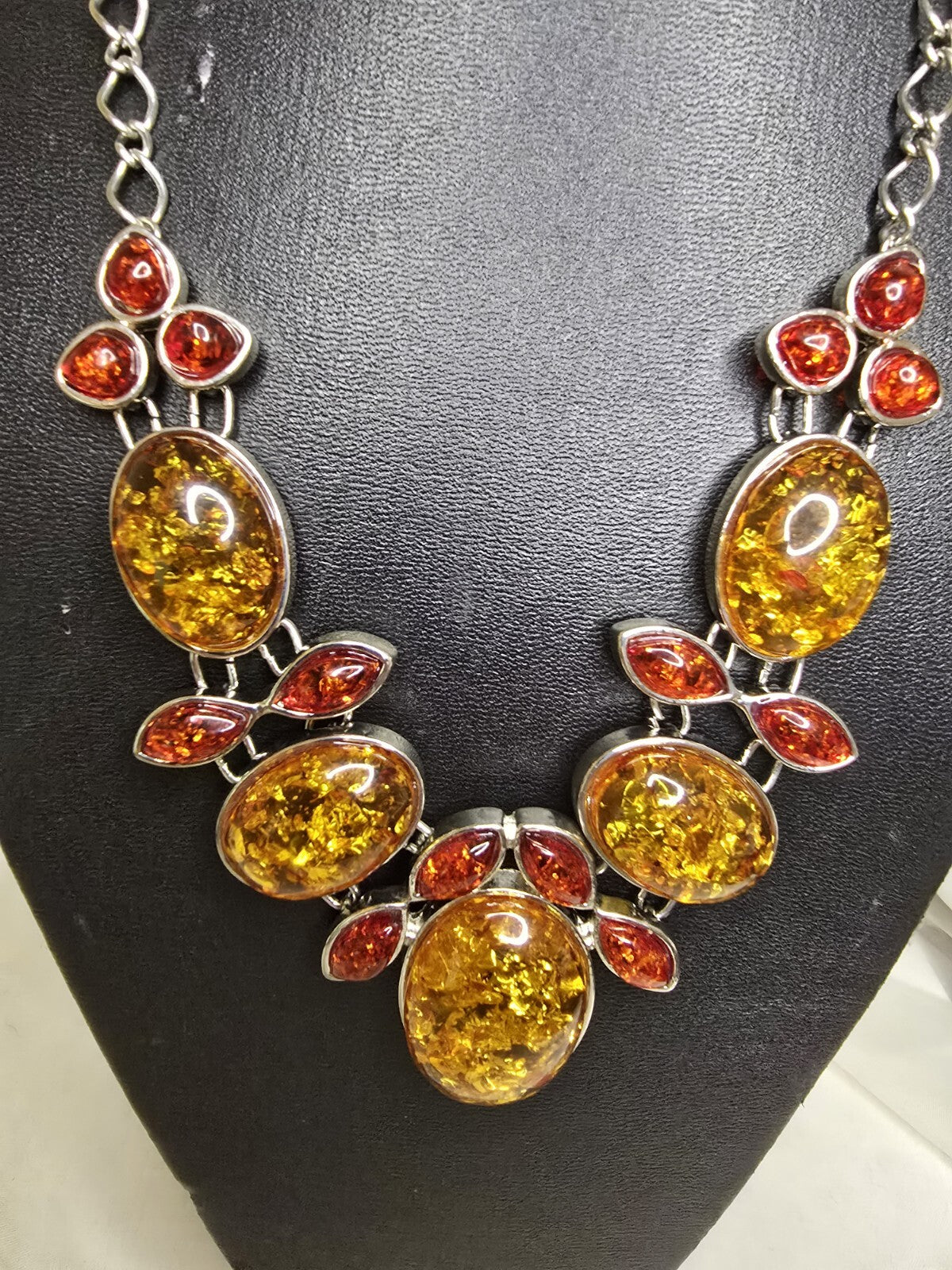 Fantastic Amber Necklace on White Metal Chain - 21 Inches