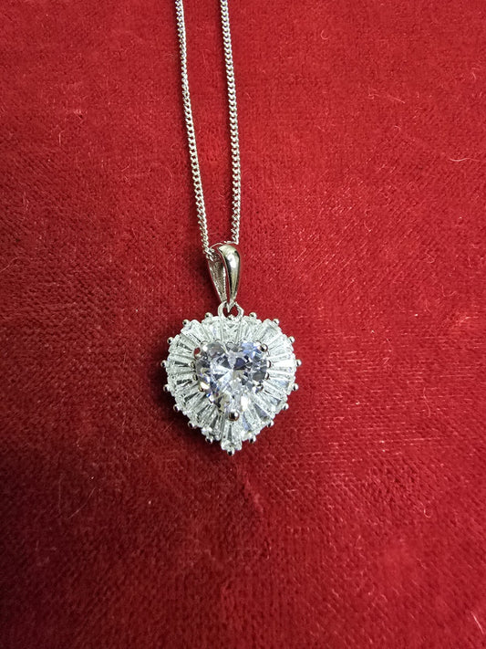 Fabulous Sterling Silver & Zircon Heart Necklace - 18 Inches