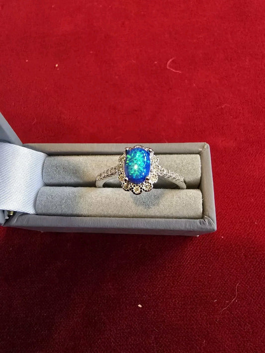 Stunning Blue Opal & Sterling Silver Halo Dress Ring - Various Sizes Available