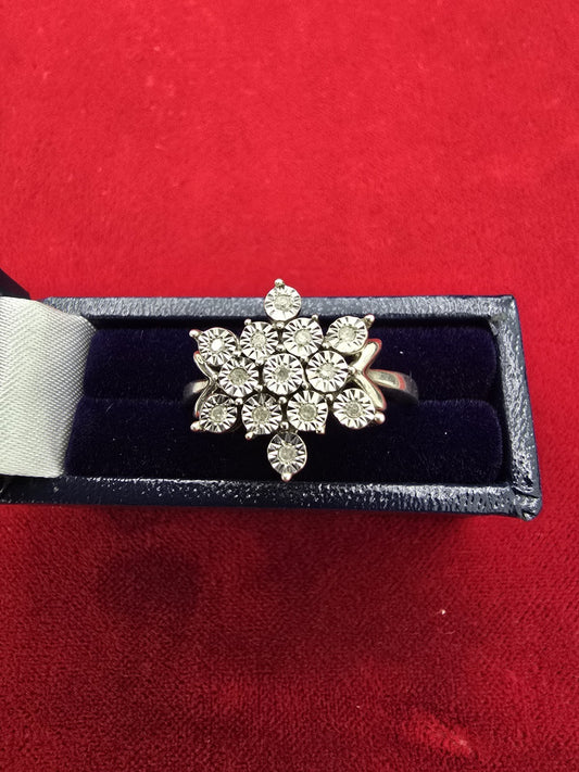 Amazing Diamond & Sterling Silver Flower Dress Ring - Size N