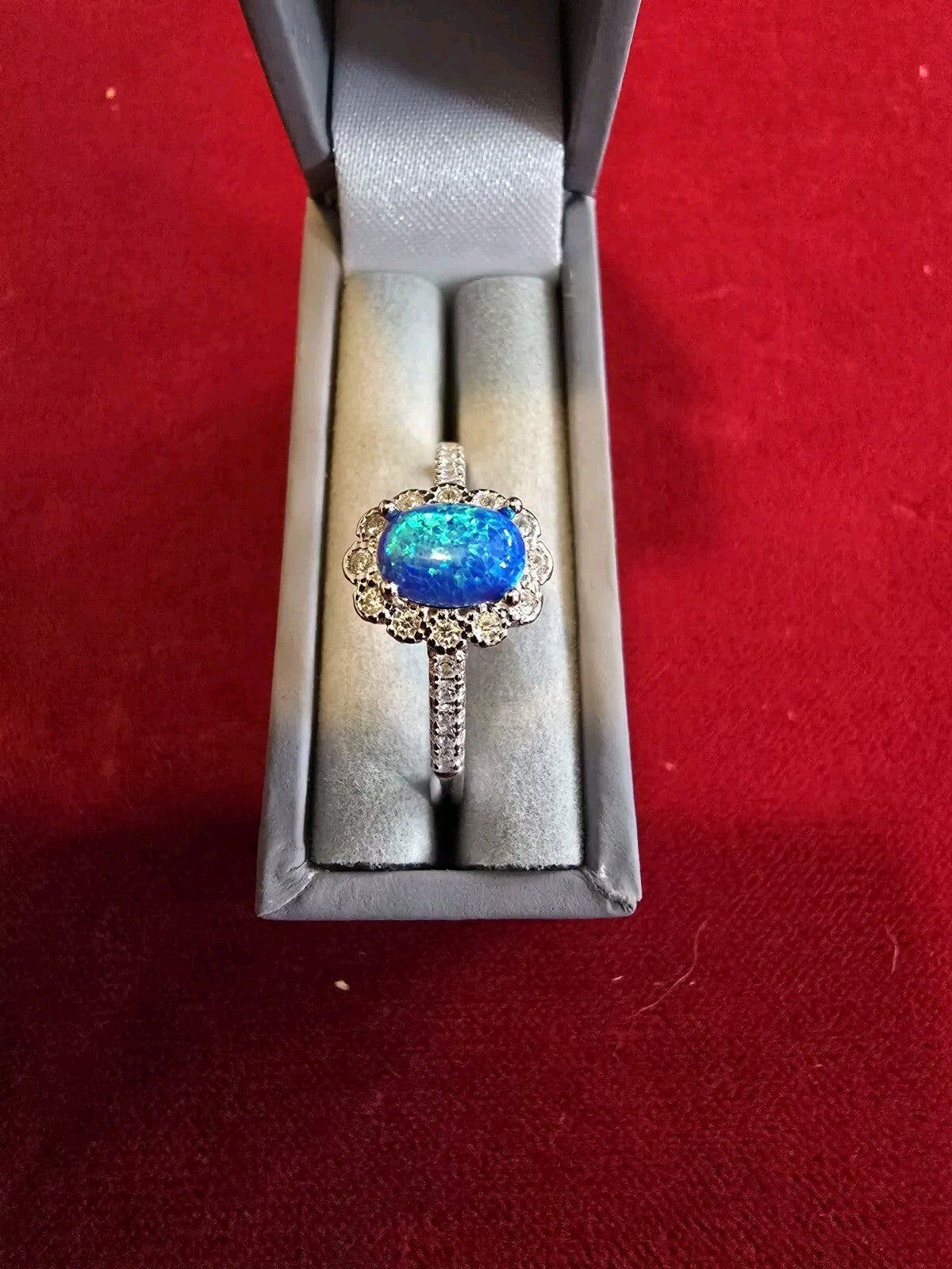 Stunning Blue Opal & Sterling Silver Halo Dress Ring - Various Sizes Available
