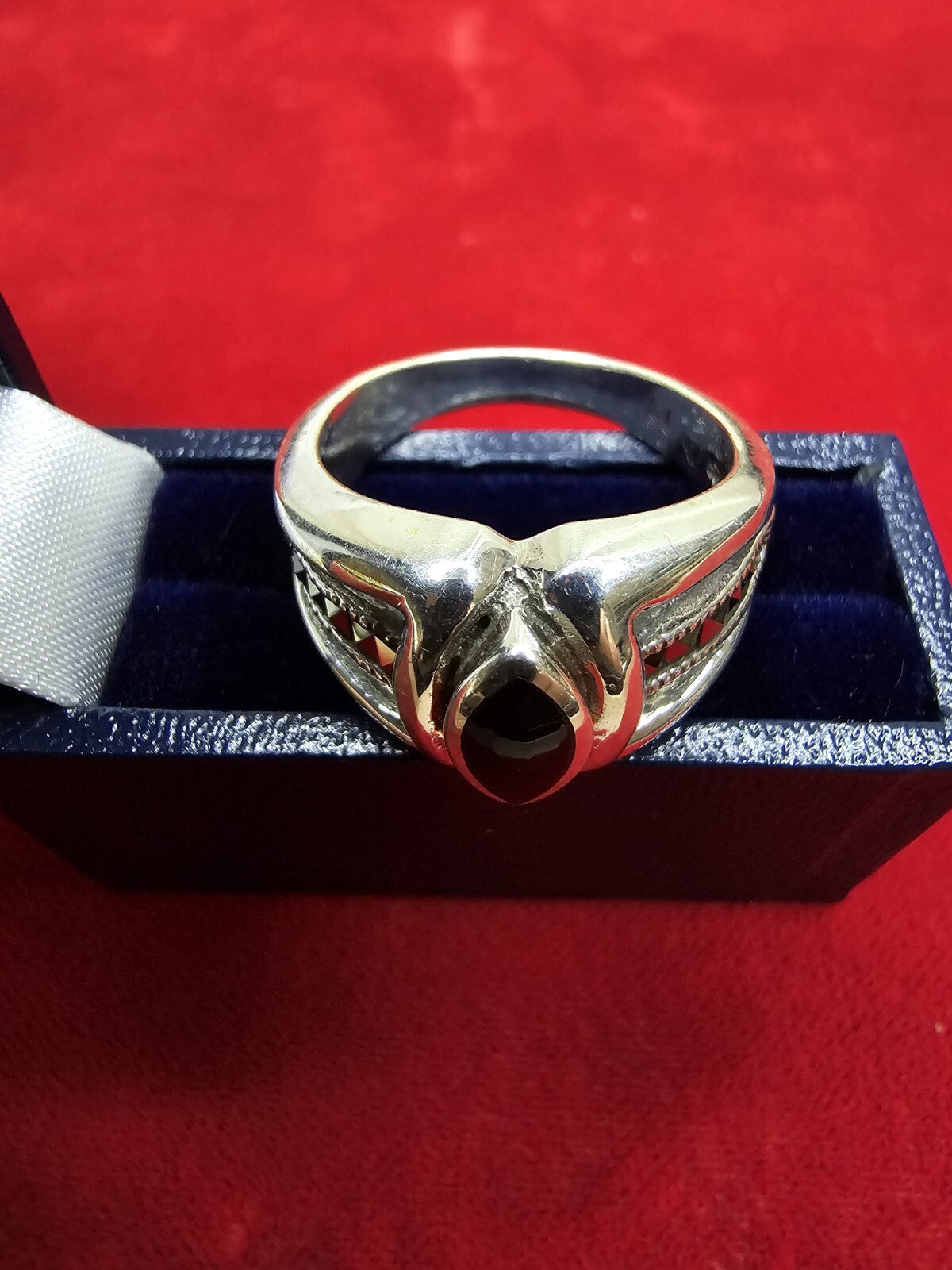 Stunning Sterling Silver, Onyx & Marcasite Ring - Size P½