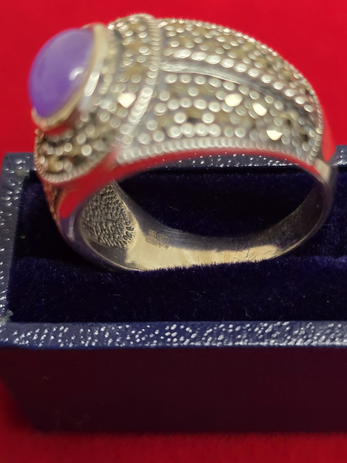 Sterling Silver, Jadeite & Marcasite Ring - Size P½