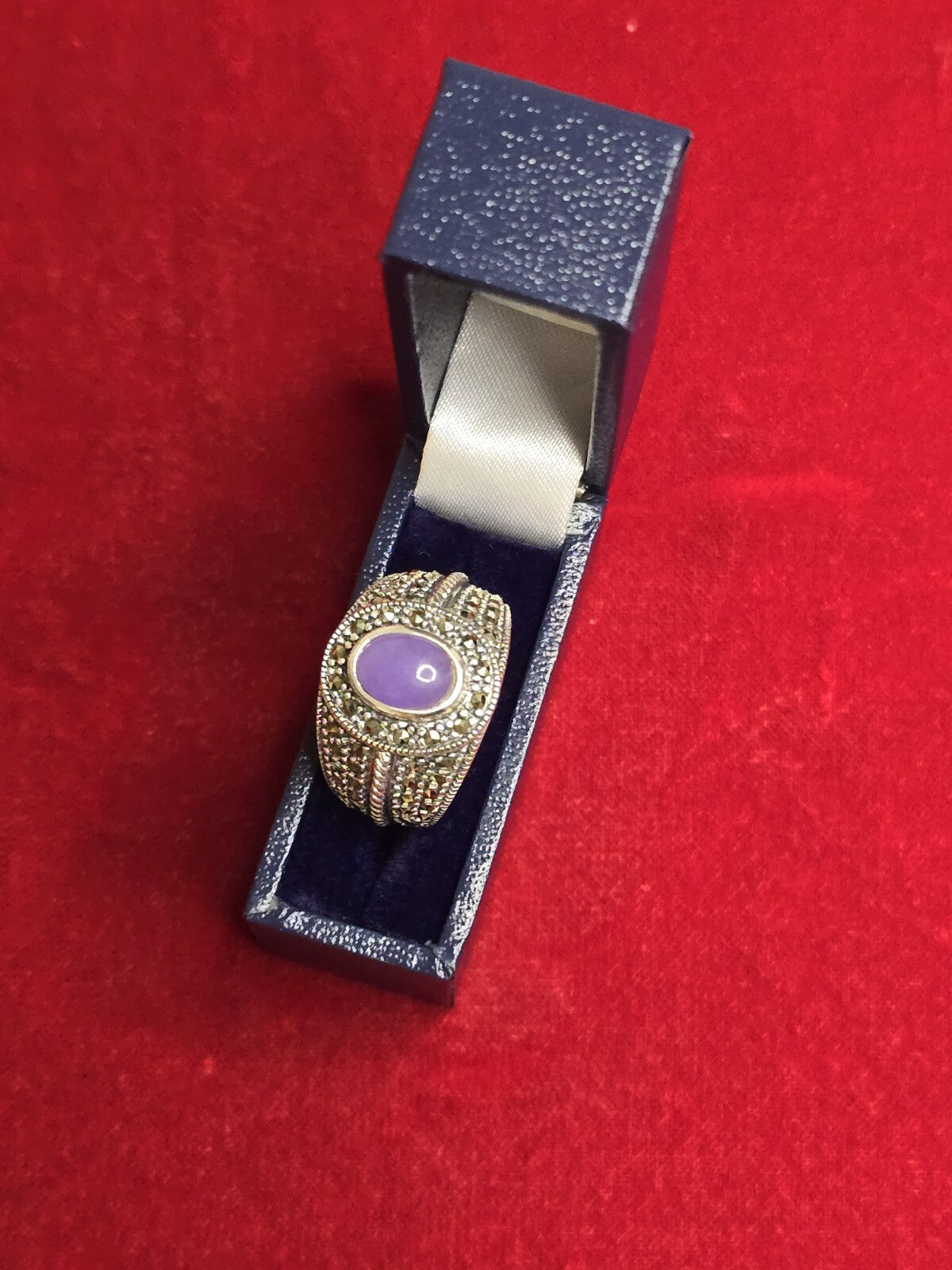 Sterling Silver, Jadeite & Marcasite Ring - Size P½