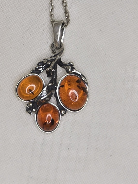 Sterling Silver & Amber Floral Necklace - 22" Chain