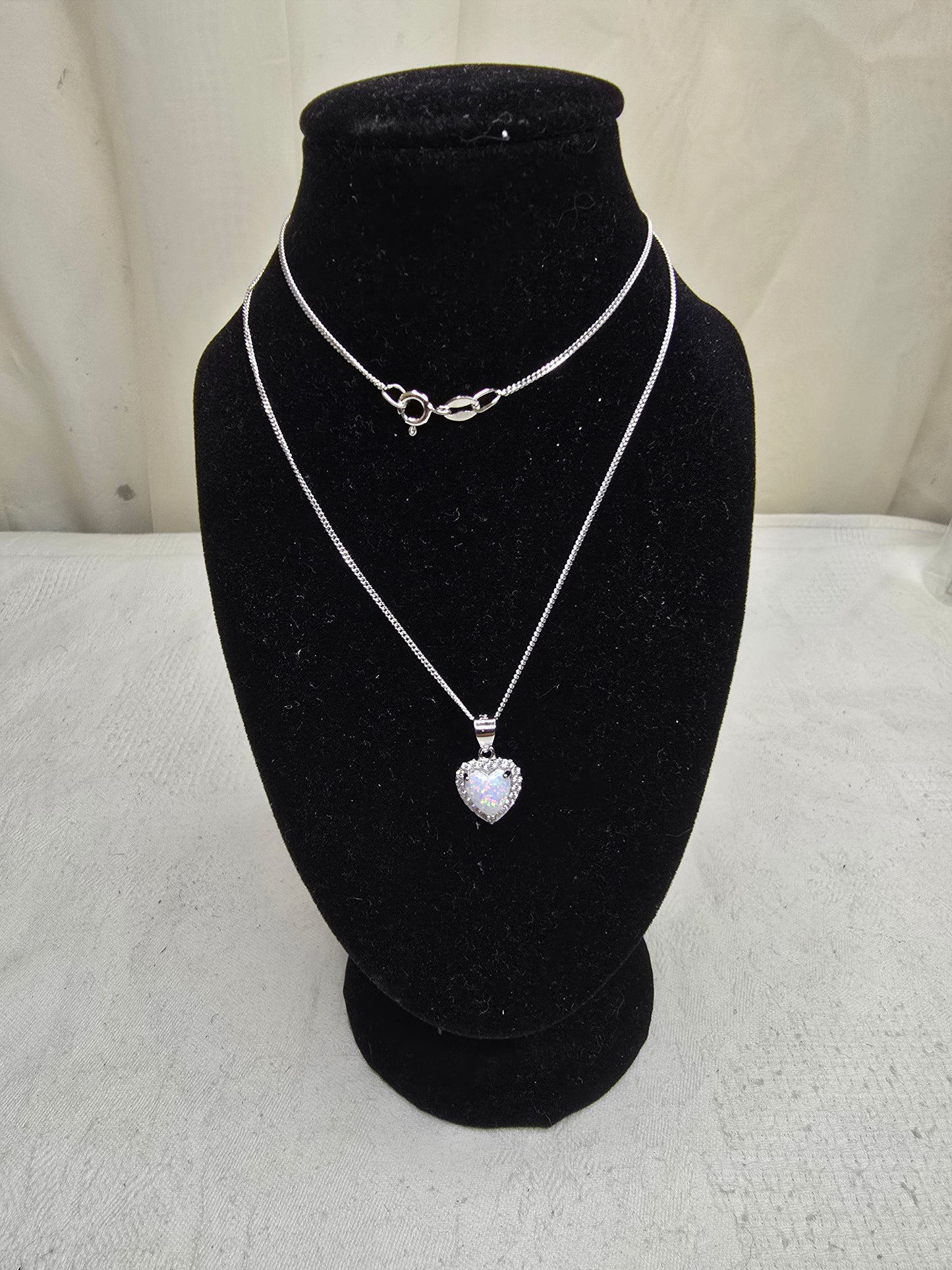 Beautiful Sterling Silver & White Opal Heart Necklace - 18 Inches