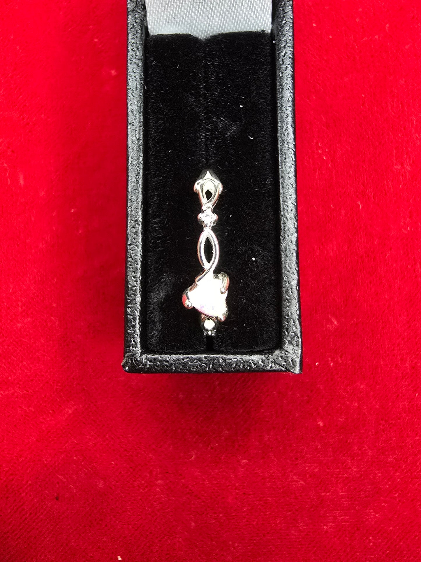 Dainty Sterling Silver & White Opal Heart Ring - Adjustable
