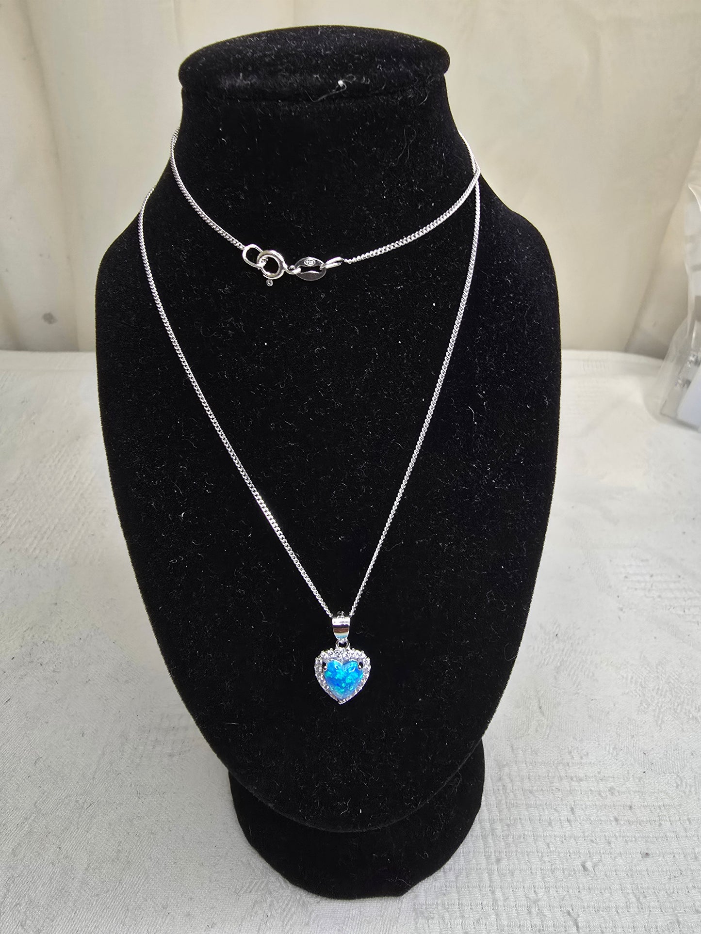 Stunning Sterling Silver & Blue Opal Heart Necklace - 18 Inches