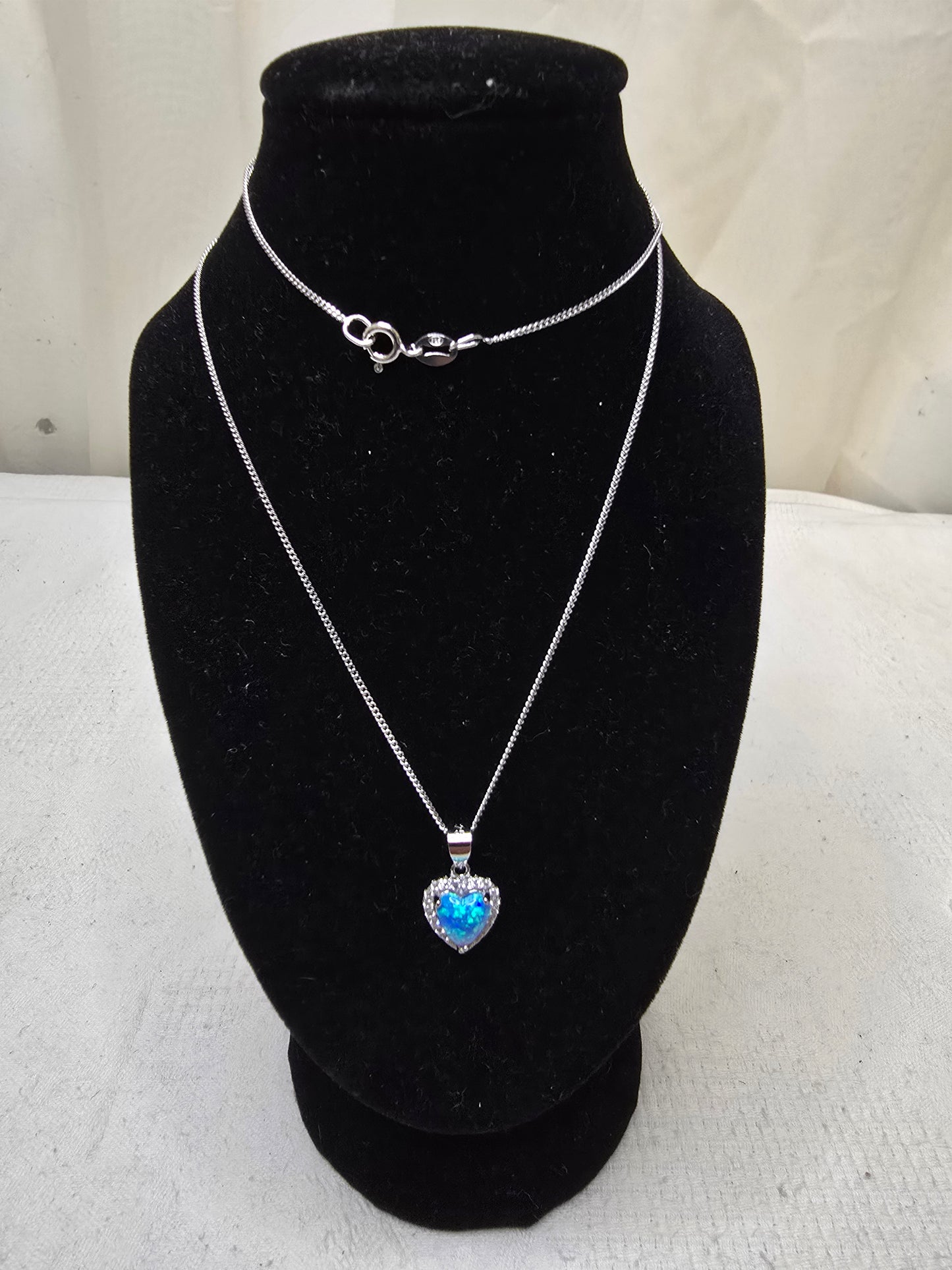 Stunning Sterling Silver & Blue Opal Heart Necklace - 18 Inches