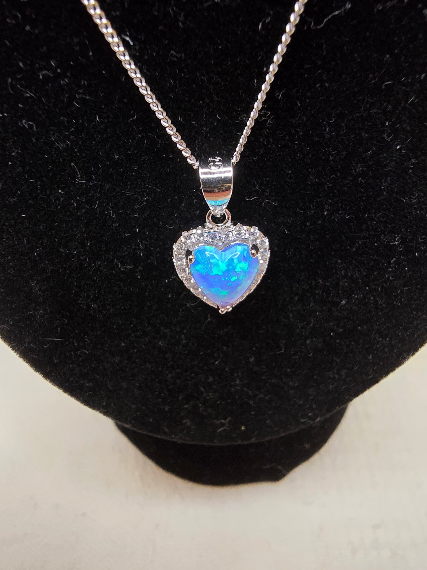 Stunning Sterling Silver & Blue Opal Heart Necklace - 18 Inches