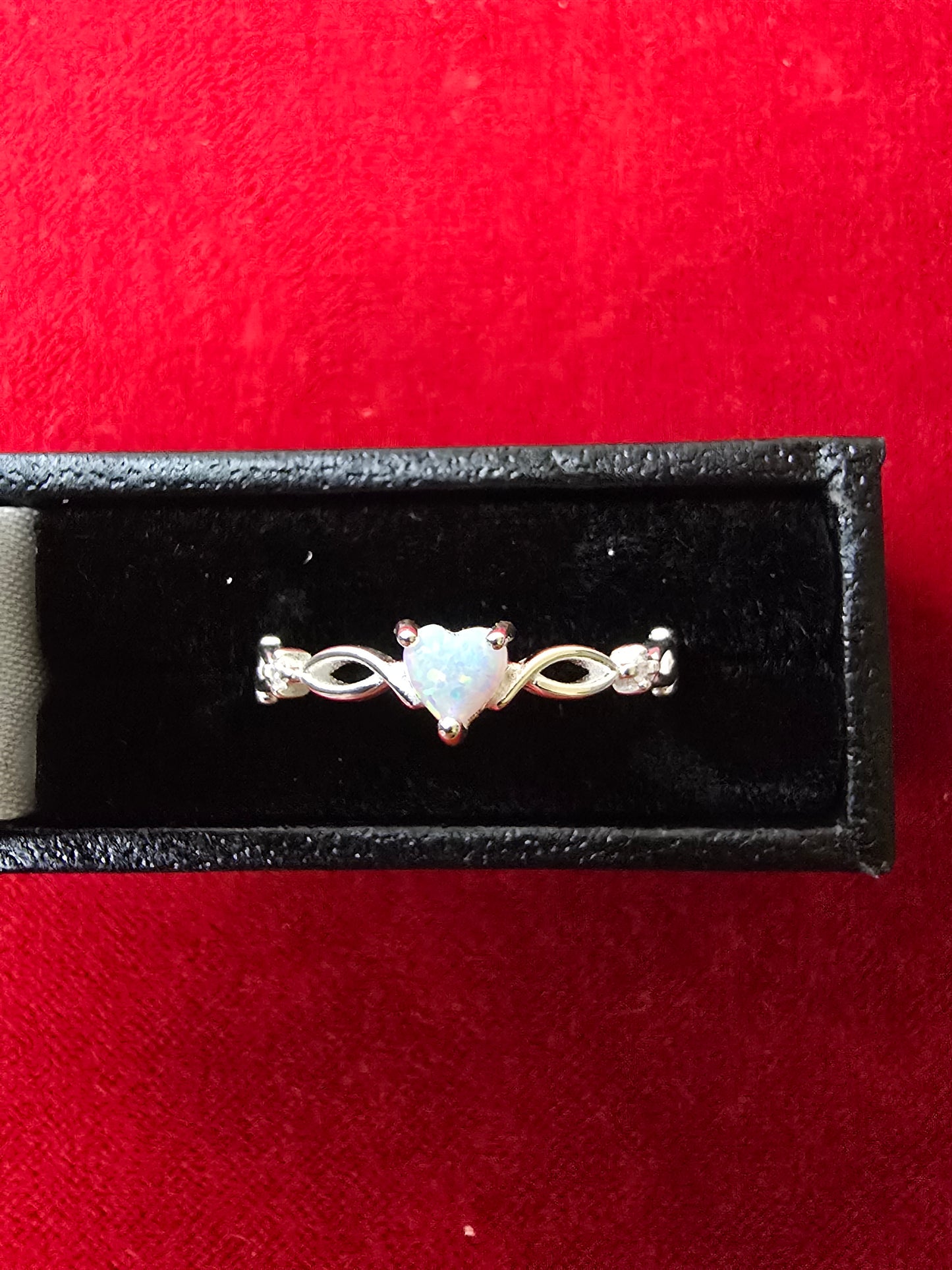 Dainty Sterling Silver & White Opal Heart Ring - Adjustable