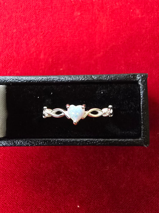 Dainty Sterling Silver & White Opal Heart Ring - Adjustable