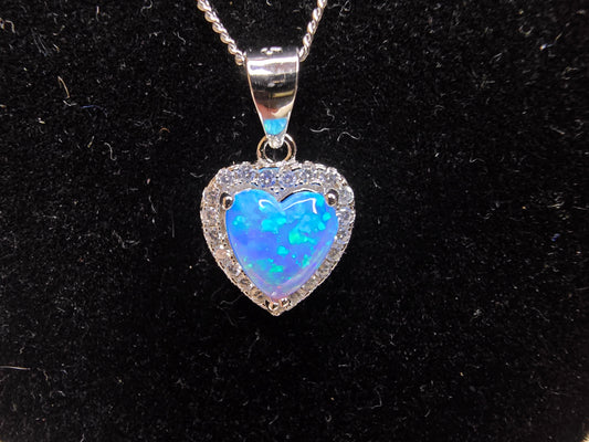 Stunning Sterling Silver & Blue Opal Heart Necklace - 18 Inches